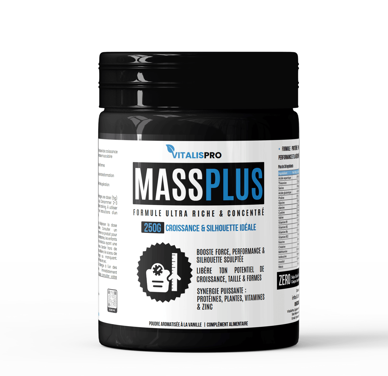 Mass Plus Alphavital — poudre protéines, créatine, L-arginine, pot 250 g