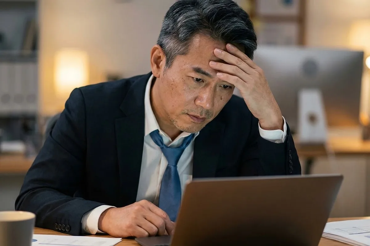 Exhausted man asleep at his desk, illustrating the background fatigue of iron-deficiency anaemia that does not yield to rest