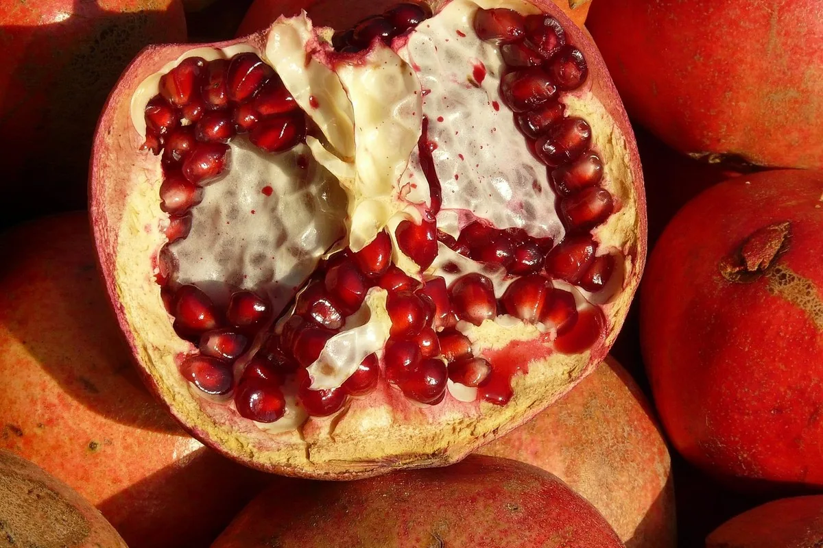 Fresh pomegranate cut in half, a fruit rich in antioxidants and polyphenols supporting male vitality