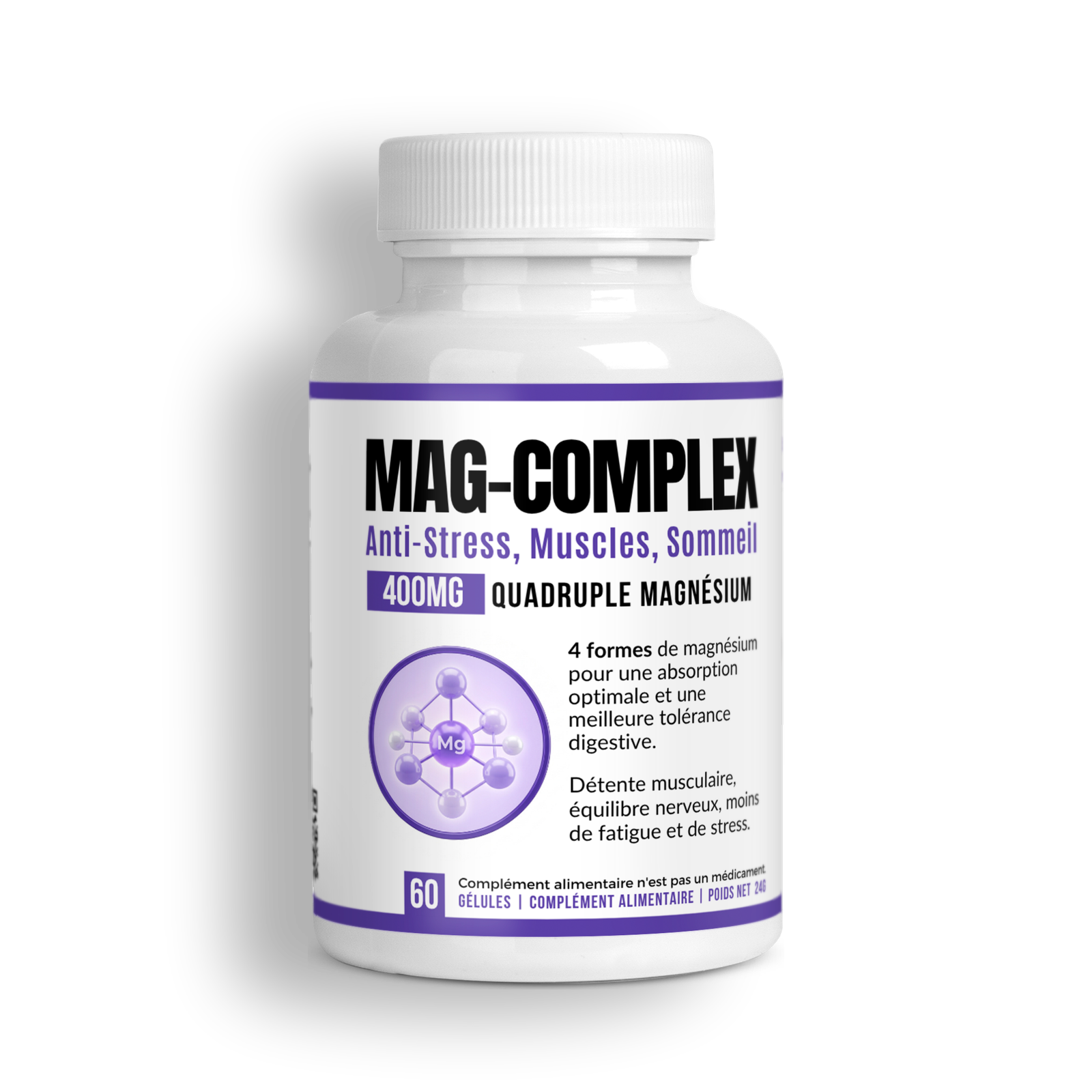 MAG-COMPLEX 400 ملغ من Alphavital — مغنيسيوم رباعي: بيسغليسينات وسيترات وبحري وأكسيد، 60 كبسولة نباتية، مصرّح من ONSSA